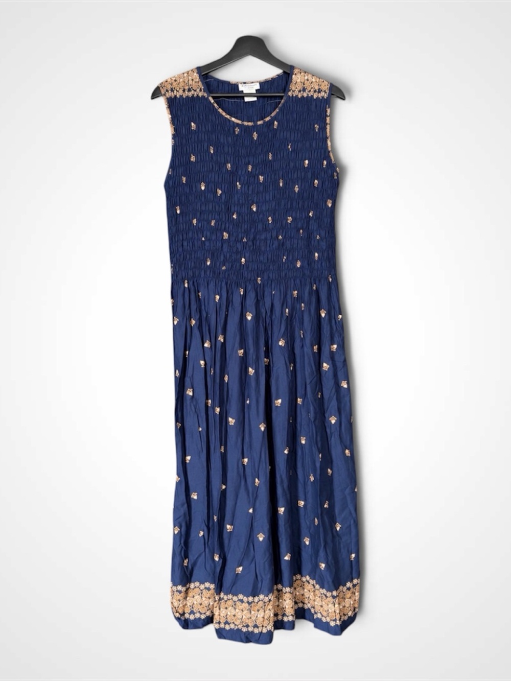 Vintage Dark Navy Sleeveless Lightweight Midi Dress With Embroidered Details,Med